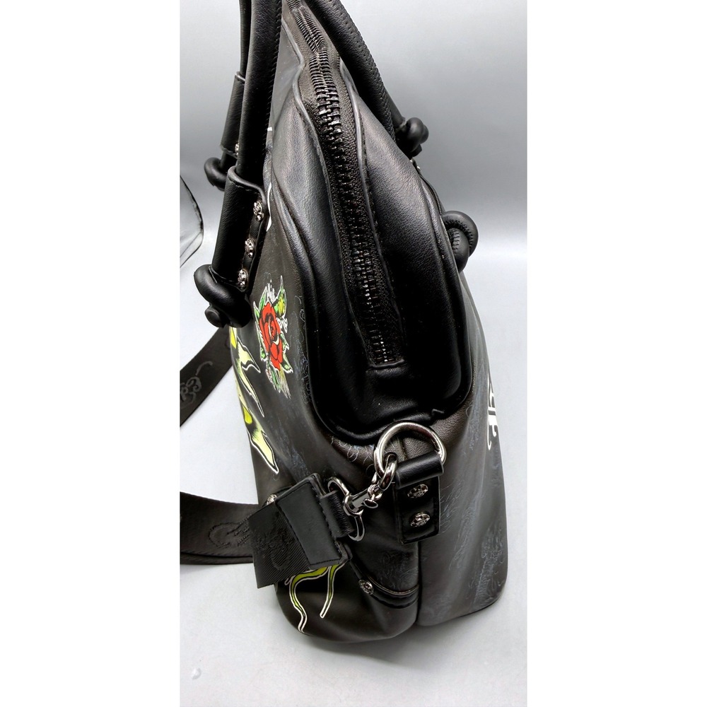 Ed Hardy Black Tattoo Satchel Broken Hearts Fairytales Crossbody Bag Studded - Picture 14 of 16